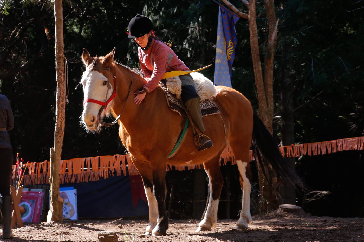 Jinete montando un caballo alazán en el picadero