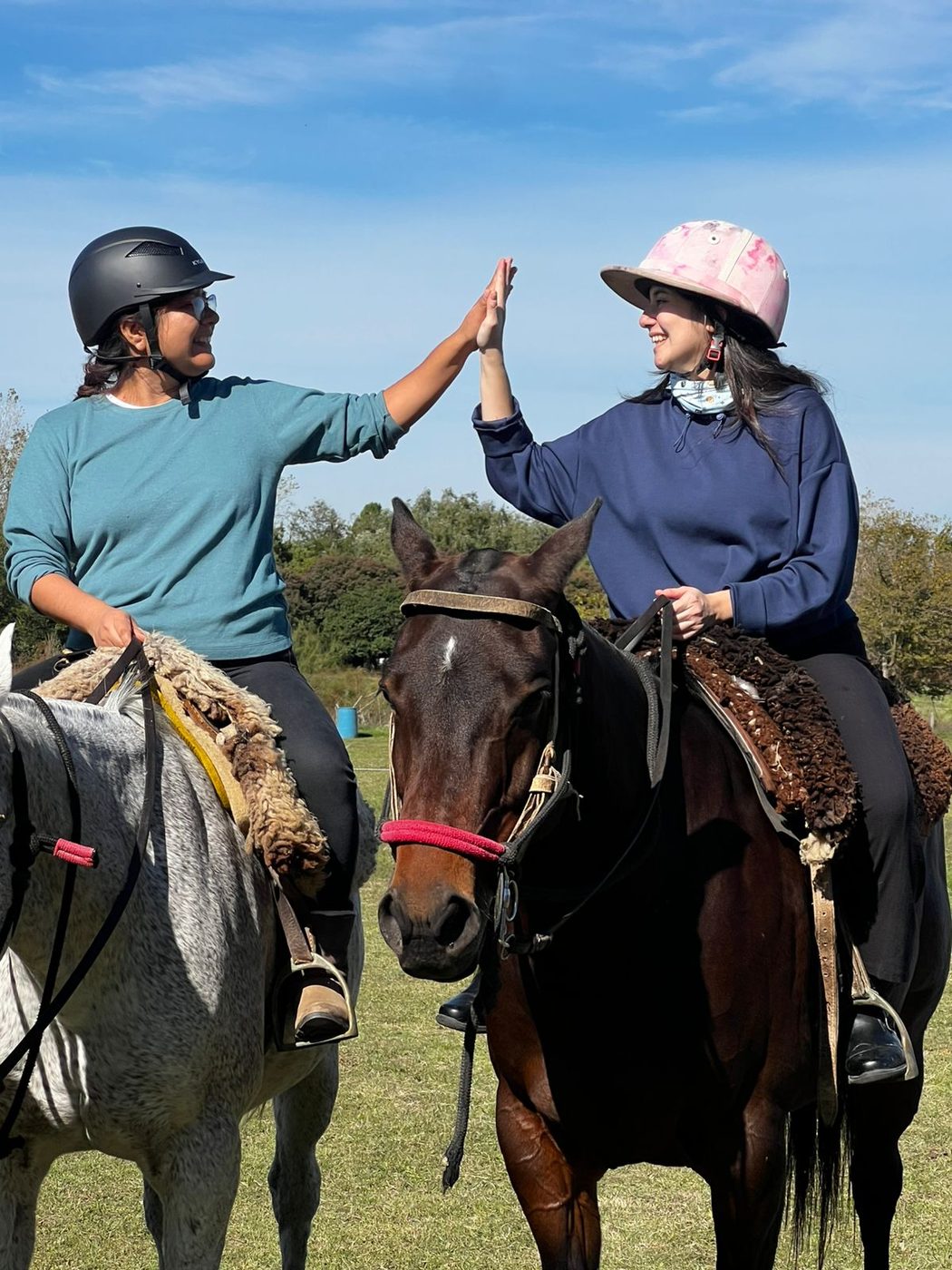 Dos jinetes chocando las manos a caballo